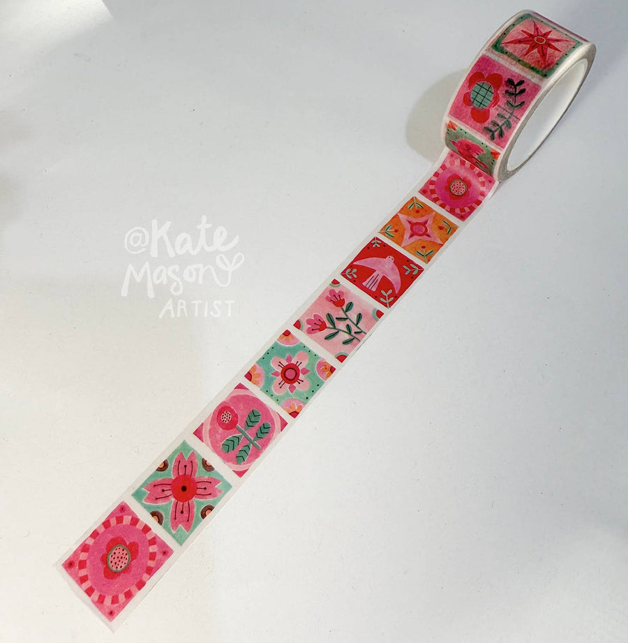Decorative tape with floral pattern on a white background, featuring the brand 'Kate Mason'.
