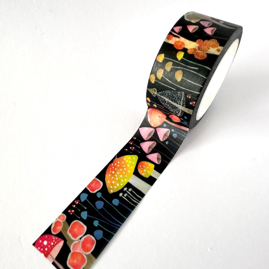 black Washi Tape with mushrooms on a white background