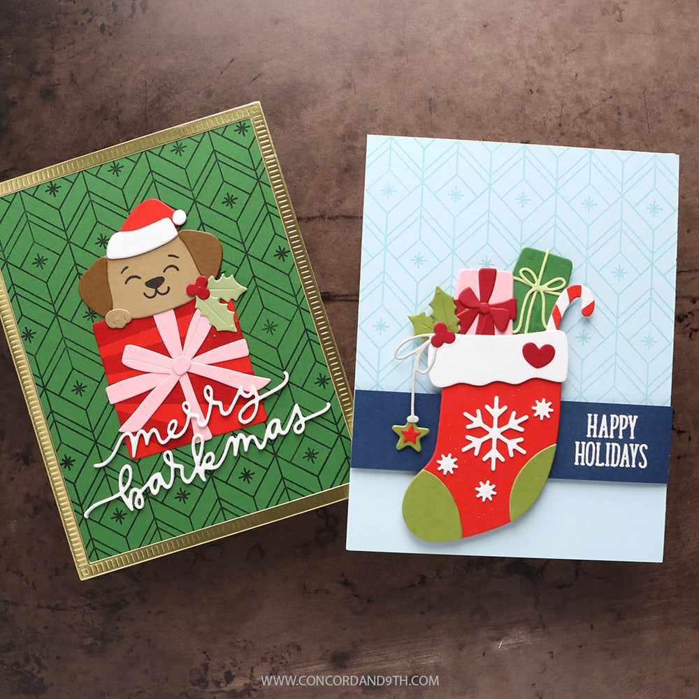 Two cards made with Kristina Werner's Easy Repeat Glisten Background Stamp: a puppy in a Santa hat peeking from a red gift with 'merry barkmas', and a stocking full of presents with 'Happy Holidays'.