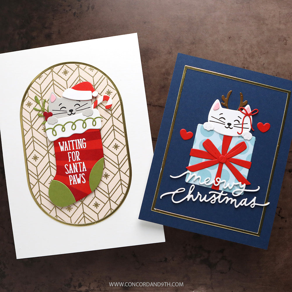 Two cards made with Kristina Werner's Happy Pawlidays Dies: a kitten in a 'Waiting for Santa Paws' stocking, and a white cat with antlers on a gift with 'meowy Christmas'.