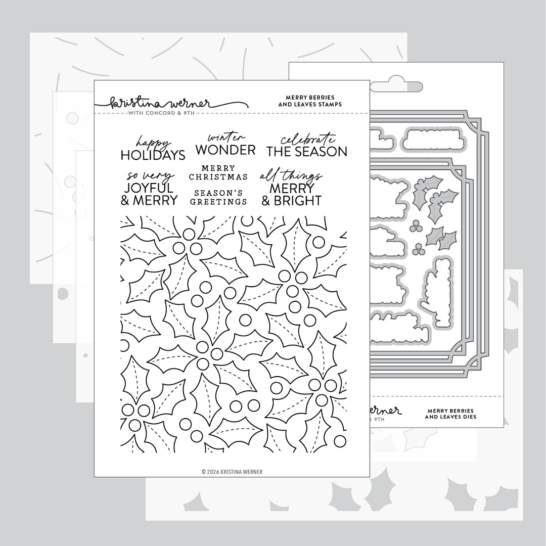 Kristina Werner Merry Berries and Leaves Bundle (Stamps, Dies & Stencil) for Concord & 9th in its packaging