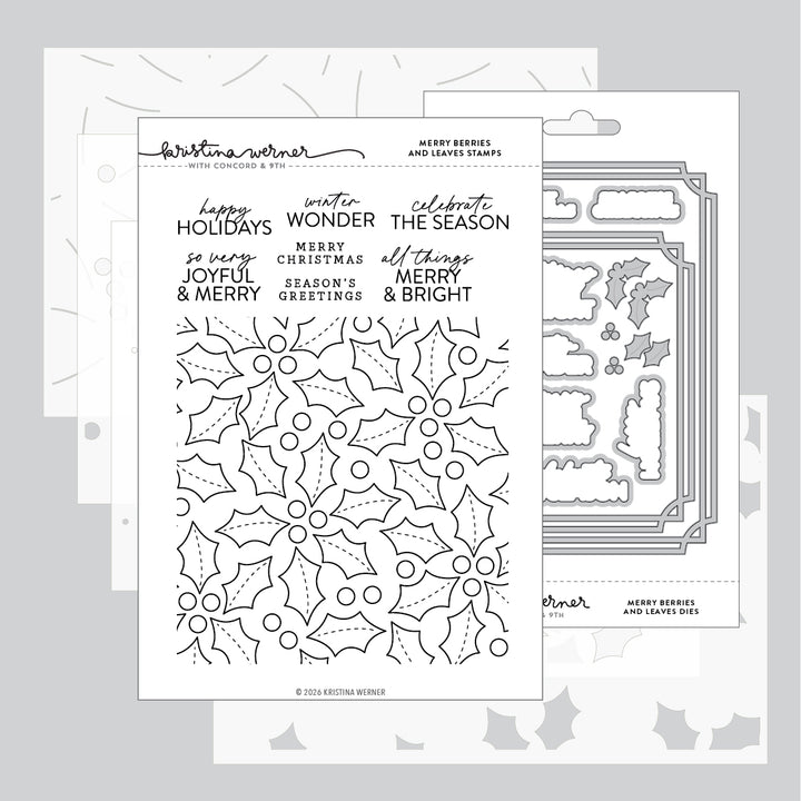 Kristina Werner Merry Berries and Leaves Bundle (Stamps, Dies & Stencil) for Concord & 9th in its packaging
