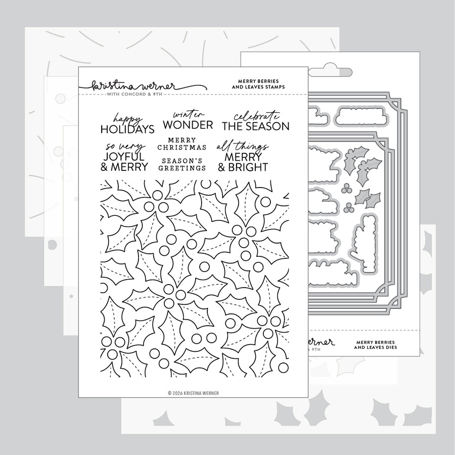 Kristina Werner Merry Berries and Leaves Bundle (Stamps, Dies & Stencil) for Concord & 9th in its packaging