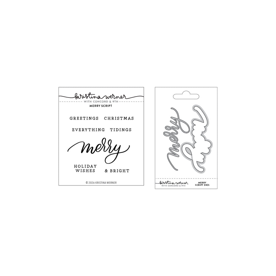 Kristina Werner Merry Script Bundle (Stamps & Dies) for Concord & 9th in its packaging