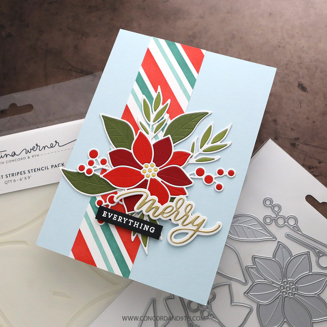 A card made with Kristina Werner's Merry Script Dies: a layered poinsettia with leaves, berries and 'merry everything' on a red and teal striped band.