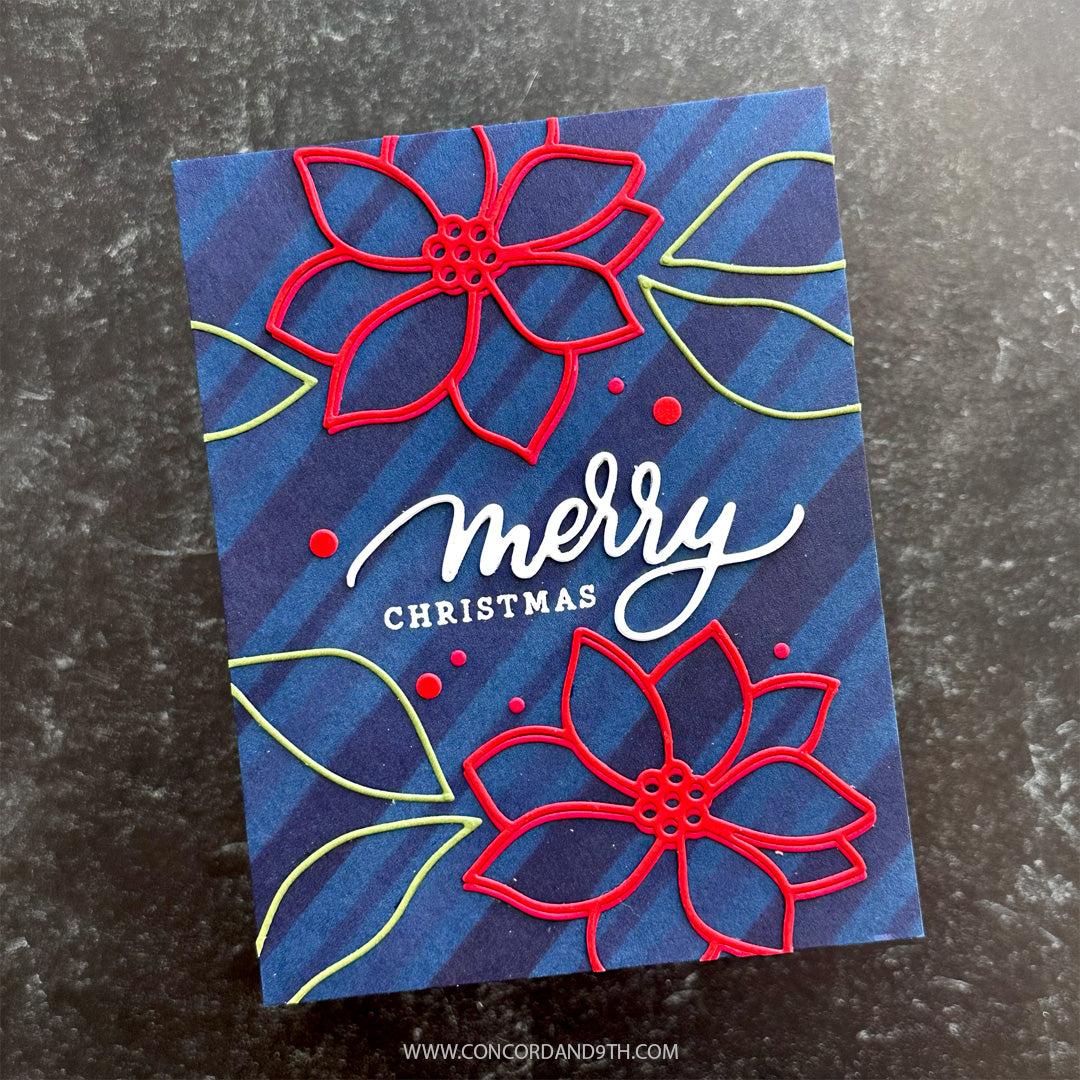 A card made with Kristina Werner's Merry Script Stamp Set: red outline poinsettias and lime green leaves on navy stripes with 'merry Christmas'.