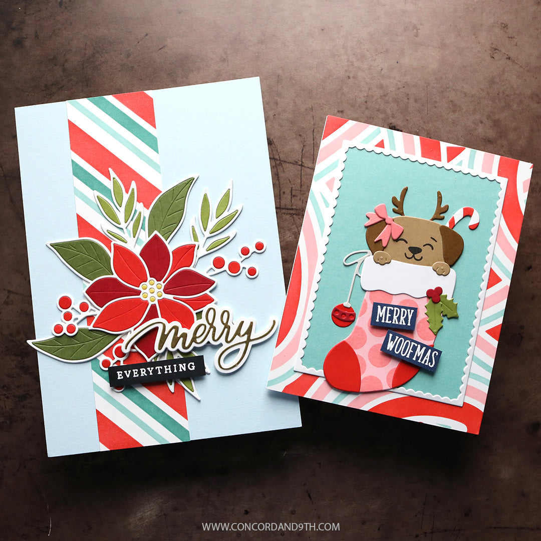Two cards made with Kristina Werner's Peppermint Stripes Stencil Pack: a poinsettia with 'merry everything', and a puppy in a stocking with 'Merry Woofmas'.