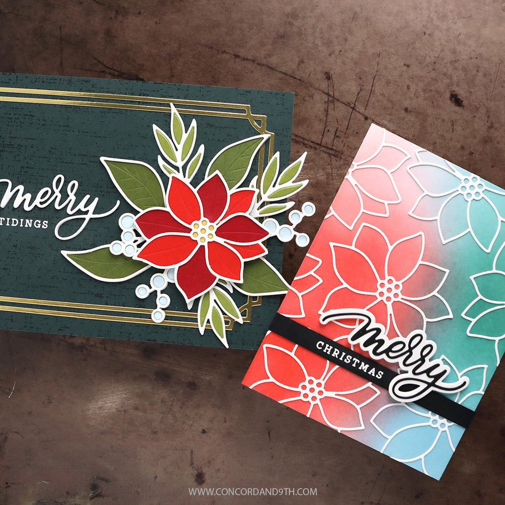 Two cards made with Kristina Werner's Poinsettia Inlay Dies: a poinsettia with 'merry tidings' on dark green, and outline poinsettias with 'merry Christmas' on red and teal.