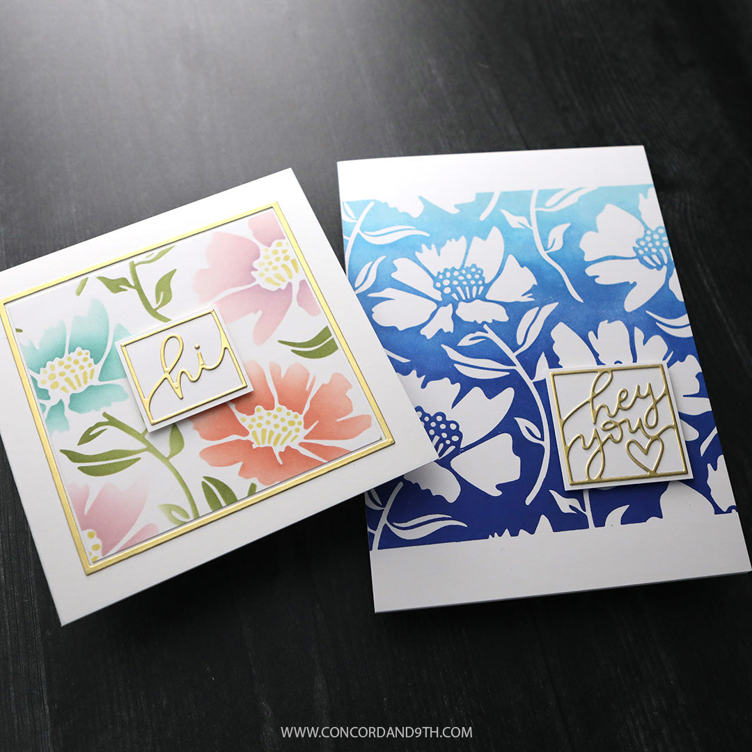 Two floral cards with 'Hi' and 'Hey You' text on a dark surface, featuring Concord and 9th branding.