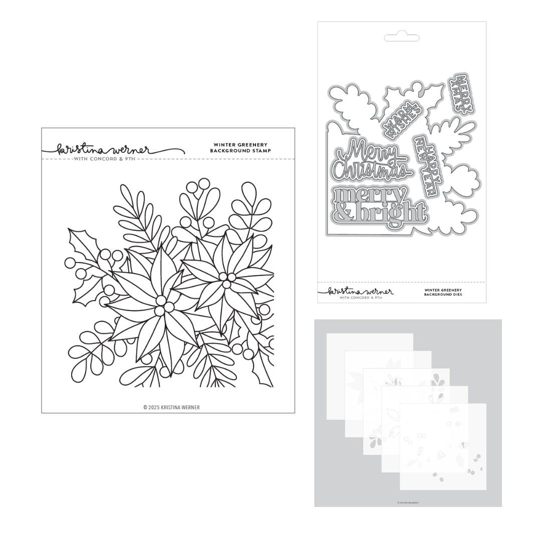Concord & 9th - Kristina Werner - Winter Greenery Background Stamps Dies & Stencils Bundle