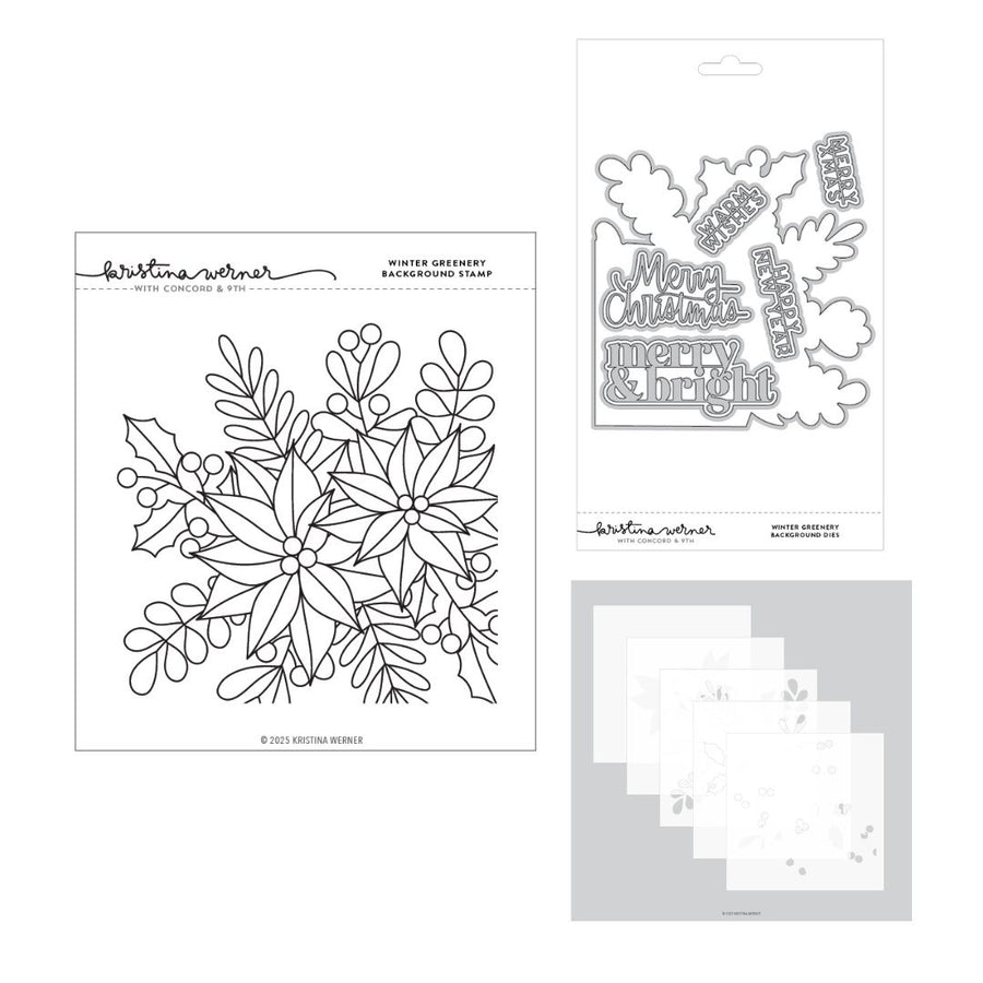 Concord & 9th - Kristina Werner - Winter Greenery Background Stamps Dies & Stencils Bundle