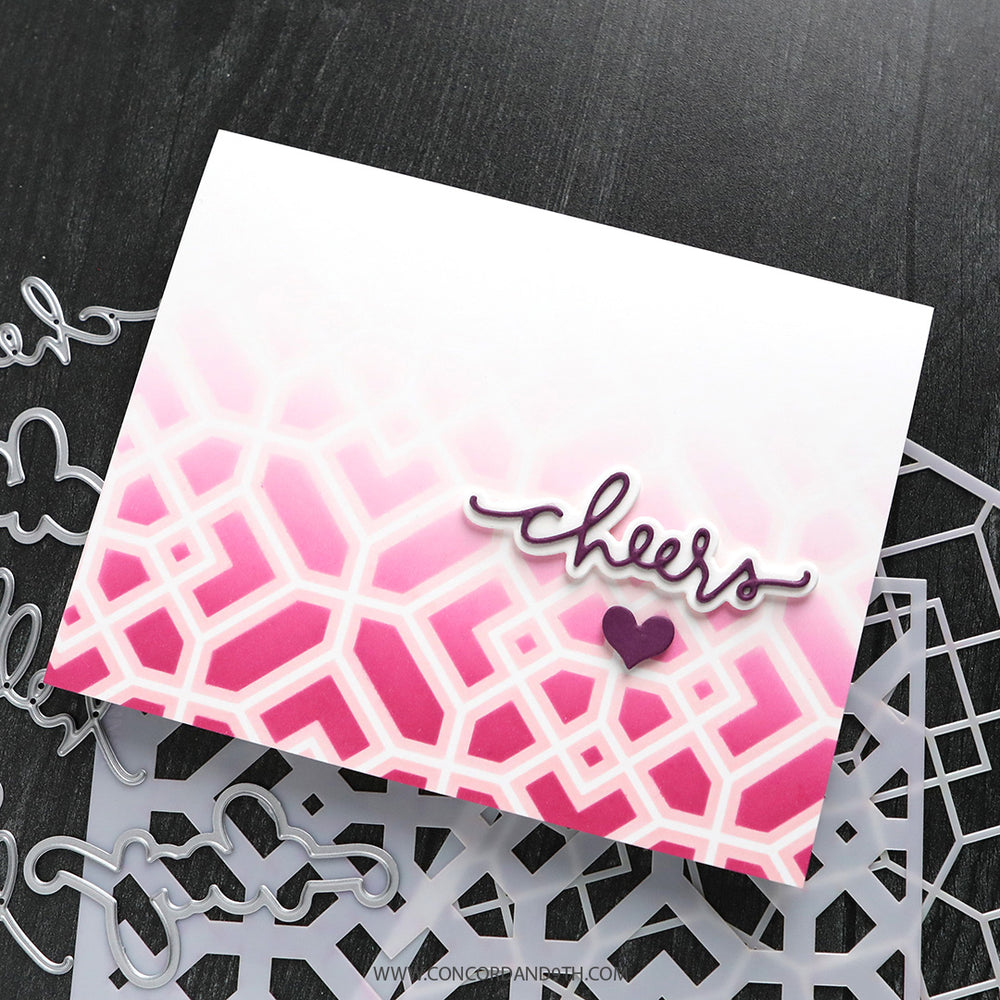 Card with pink geometric pattern and 'cheers' text on a black background