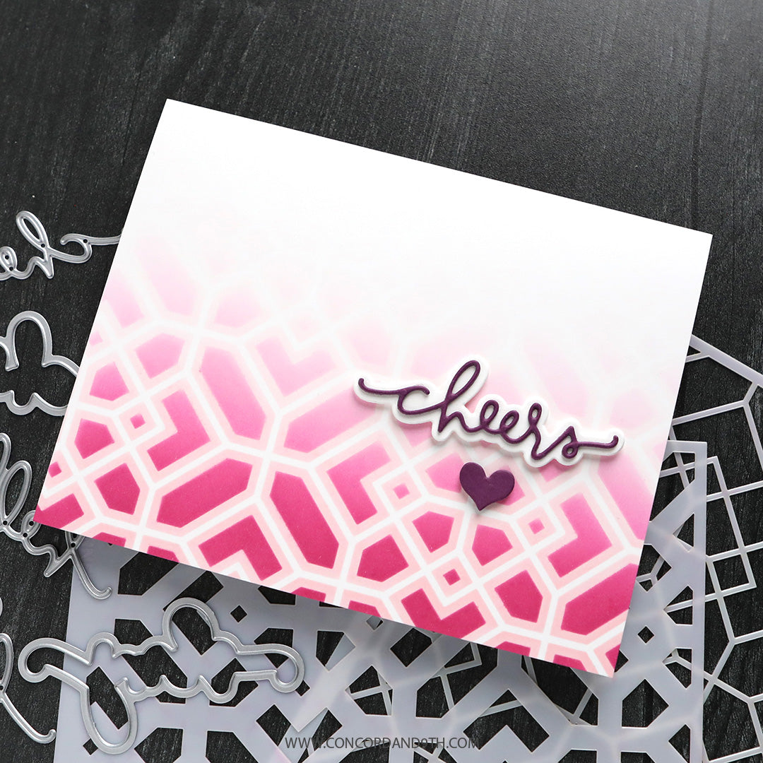 Card with pink geometric pattern and 'cheers' text on a black background
