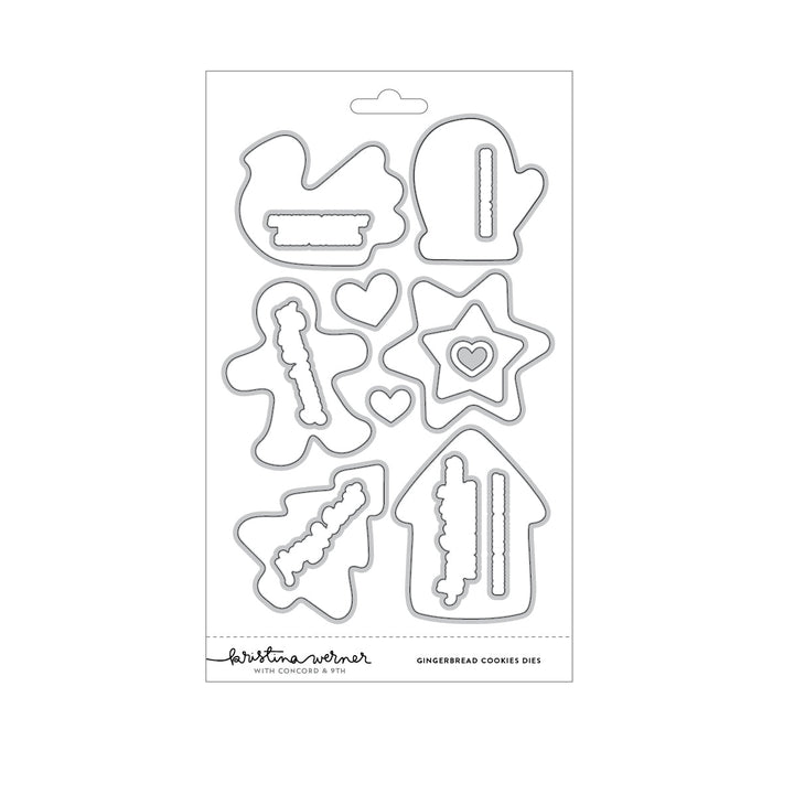 Concord & 9th Kristina Werner Gingerbread Cookies Dies — coordinating cookie-cutter shaped dies: bird, mitten, gingerbread man, house, tree, and star.