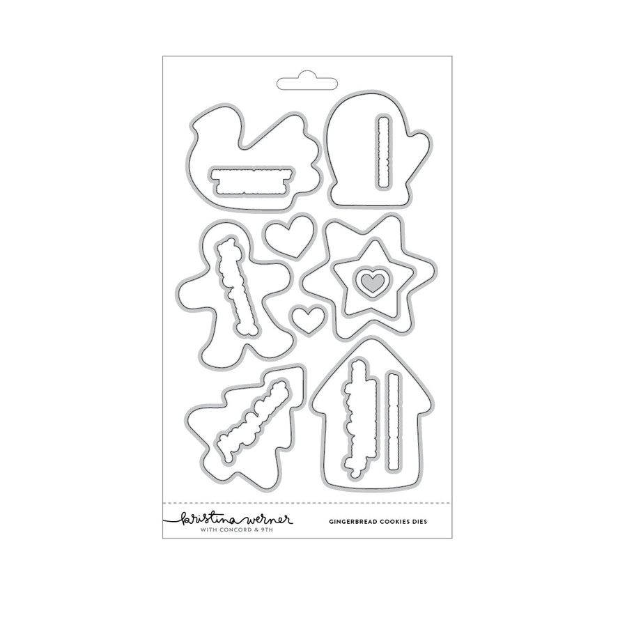 Concord & 9th Kristina Werner Gingerbread Cookies Dies — coordinating cookie-cutter shaped dies: bird, mitten, gingerbread man, house, tree, and star.