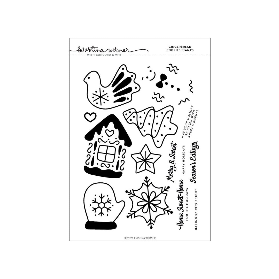 Concord & 9th Kristina Werner Gingerbread Cookies Stamps — a gingerbread house, bird cookie, mitten, and tree, with sentiments like "Baking Spirits Bright."