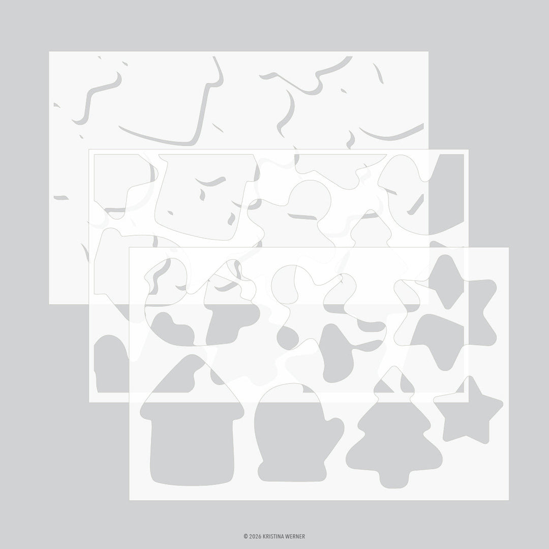 Concord & 9th Kristina Werner Gingerbread Cookies Stencils — layered stencil sheets with gingerbread house, mitten, tree, and star cutouts.