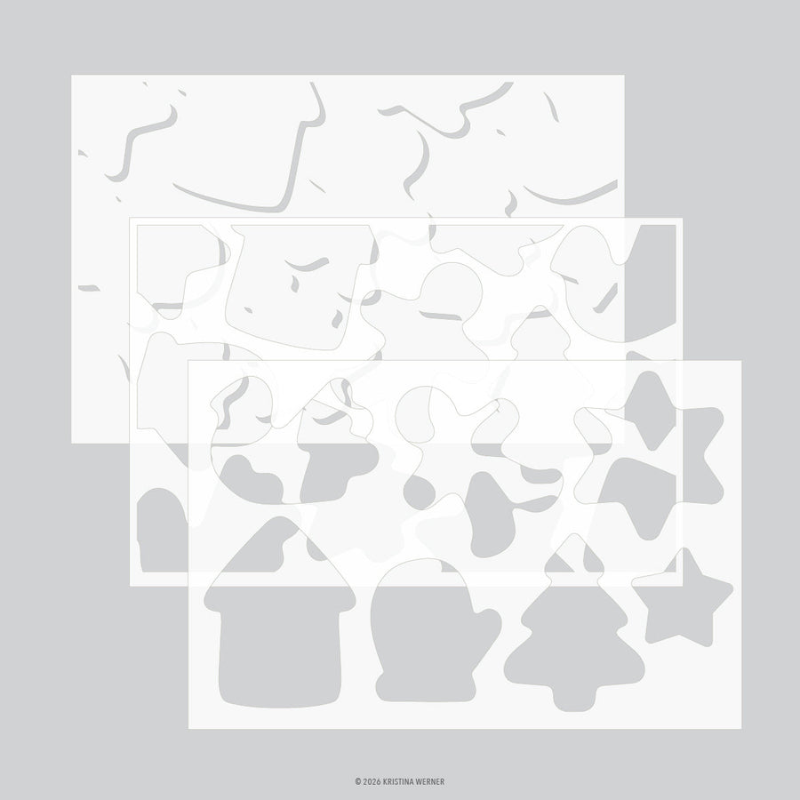 Concord & 9th Kristina Werner Gingerbread Cookies Stencils — layered stencil sheets with gingerbread house, mitten, tree, and star cutouts.