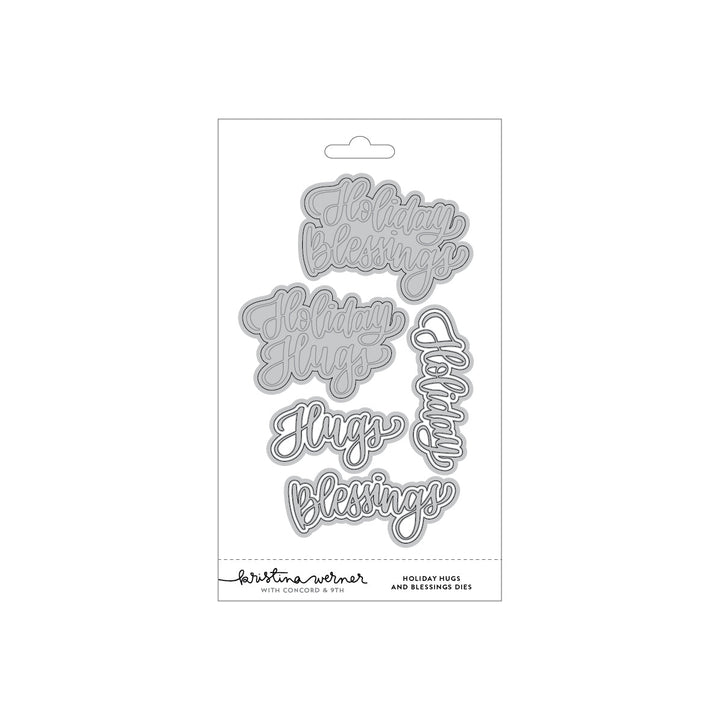 Concord & 9th Kristina Werner Holiday Hugs and Blessings Dies — script word dies reading "Holiday Blessings," "Holiday Hugs," "Hugs," and "Blessings."