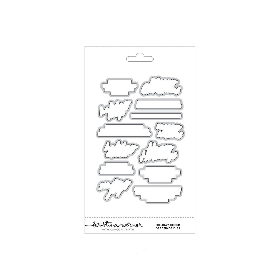 Concord & 9th Kristina Werner Holiday Cheer Greetings Dies — coordinating banner and label-shaped dies sized to the Holiday Cheer sentiment stamps.