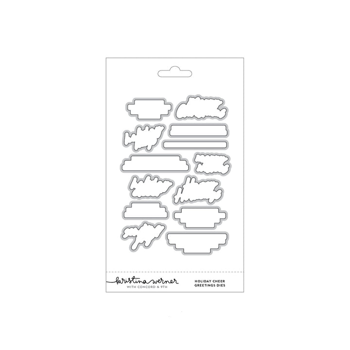 Concord & 9th Kristina Werner Holiday Cheer Greetings Dies — coordinating banner and label-shaped dies sized to the Holiday Cheer sentiment stamps.