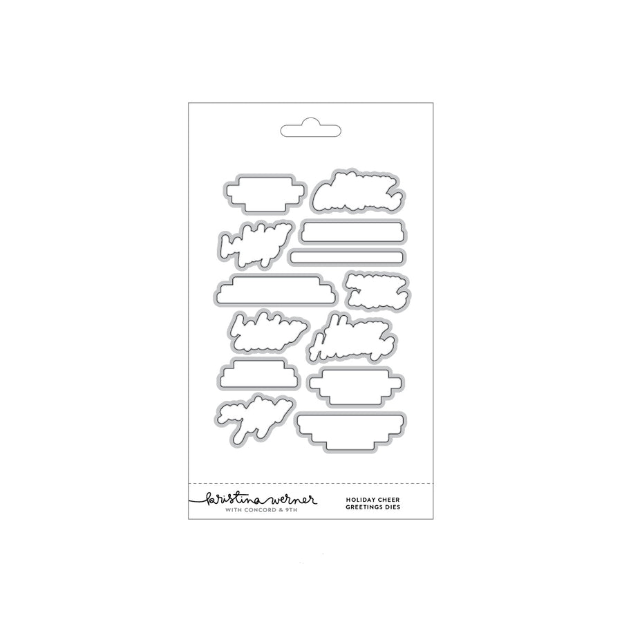 Concord & 9th Kristina Werner Holiday Cheer Greetings Dies — coordinating banner and label-shaped dies sized to the Holiday Cheer sentiment stamps.