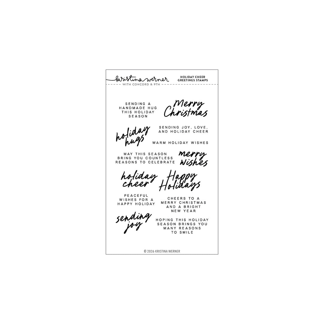 Concord & 9th Kristina Werner Holiday Cheer Greetings Stamps — sentiments like "Merry Christmas," "holiday hugs," and "sending joy."