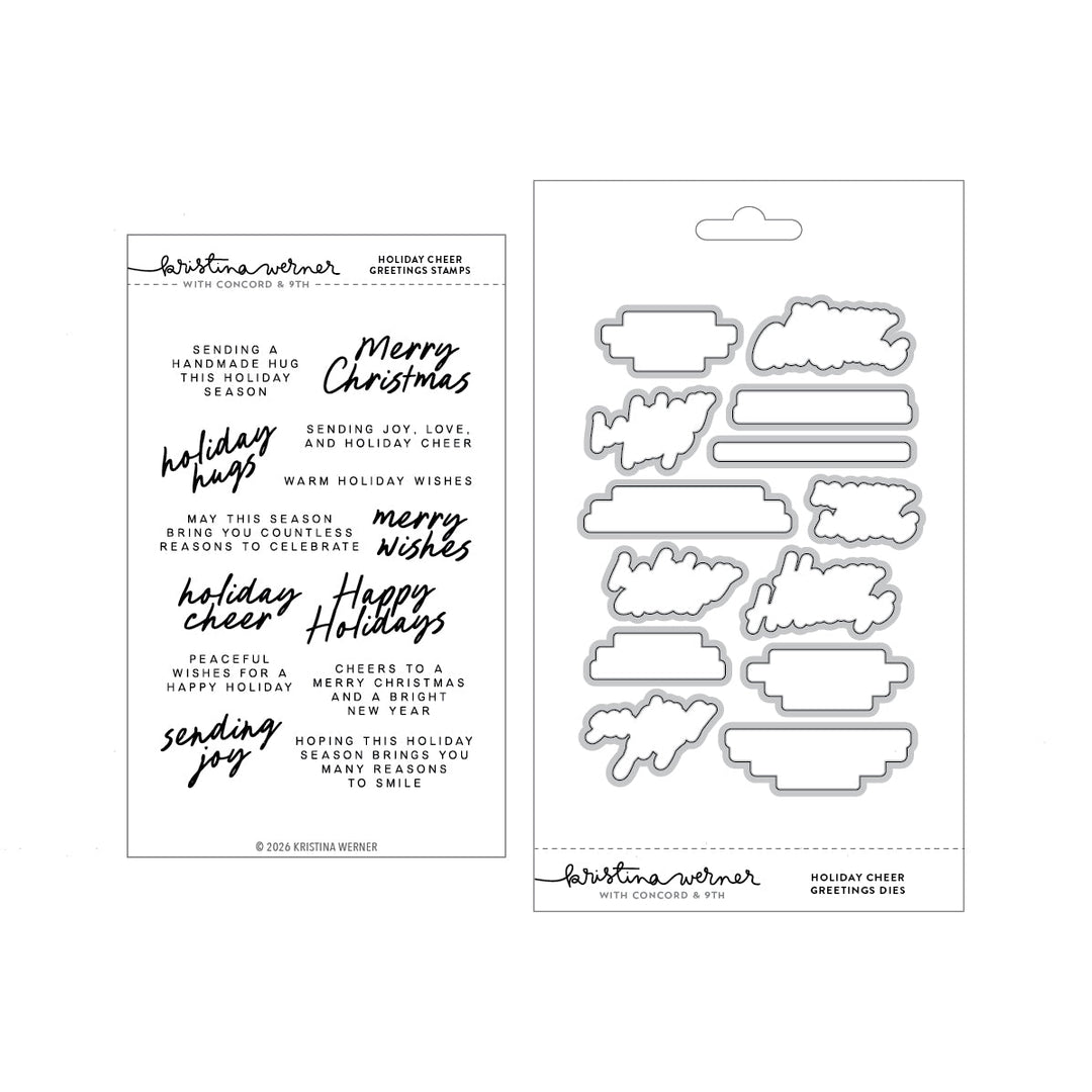 Concord & 9th Kristina Werner Holiday Cheer Greetings Bundle — the holiday sentiment stamp set with its coordinating banner-shaped dies.