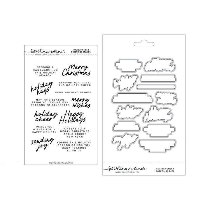 Concord & 9th Kristina Werner Holiday Cheer Greetings Bundle — the holiday sentiment stamp set with its coordinating banner-shaped dies.