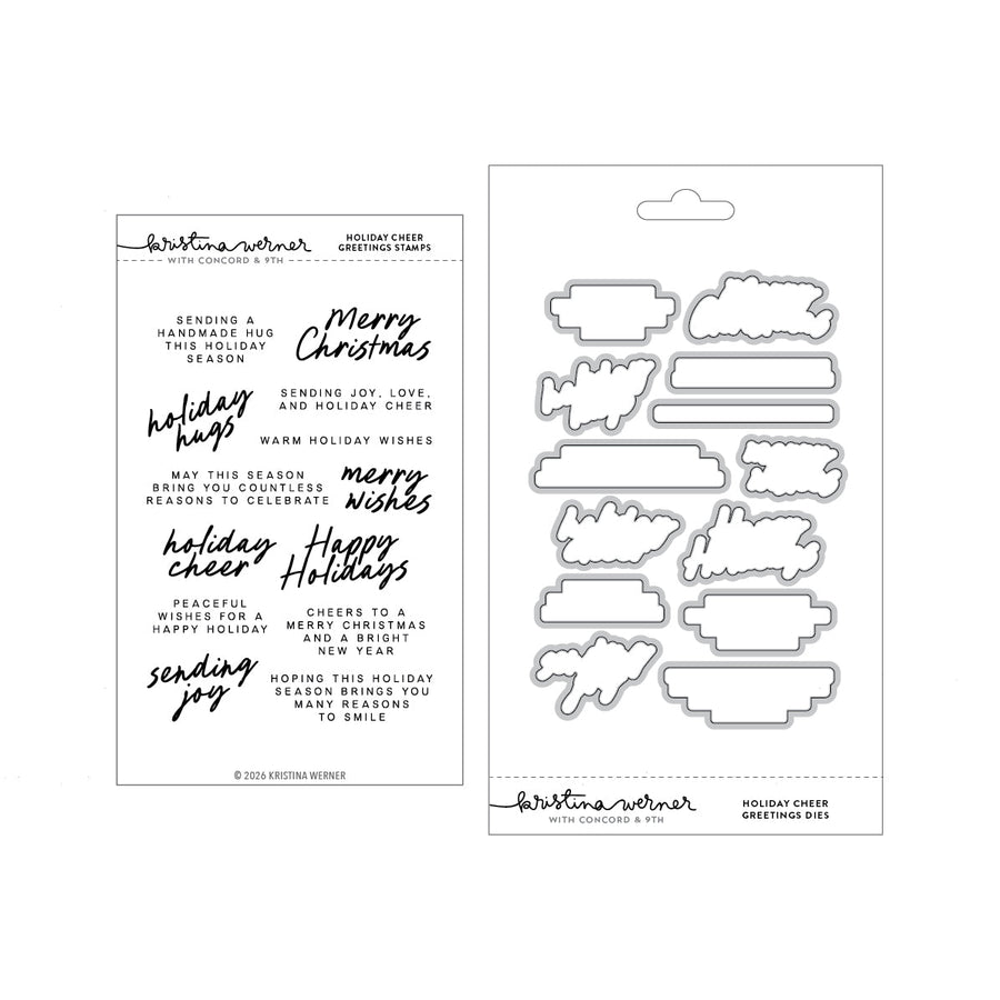 Concord & 9th Kristina Werner Holiday Cheer Greetings Bundle — the holiday sentiment stamp set with its coordinating banner-shaped dies.