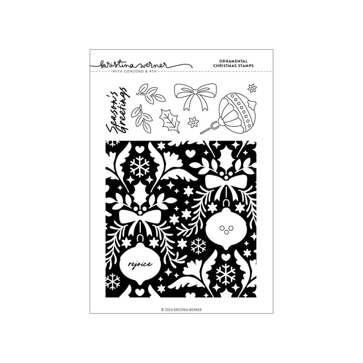 Concord & 9th Kristina Werner Ornamental Christmas Stamps — holly, bow, and ornament outline stamps plus a bold damask holiday background reading "rejoice."