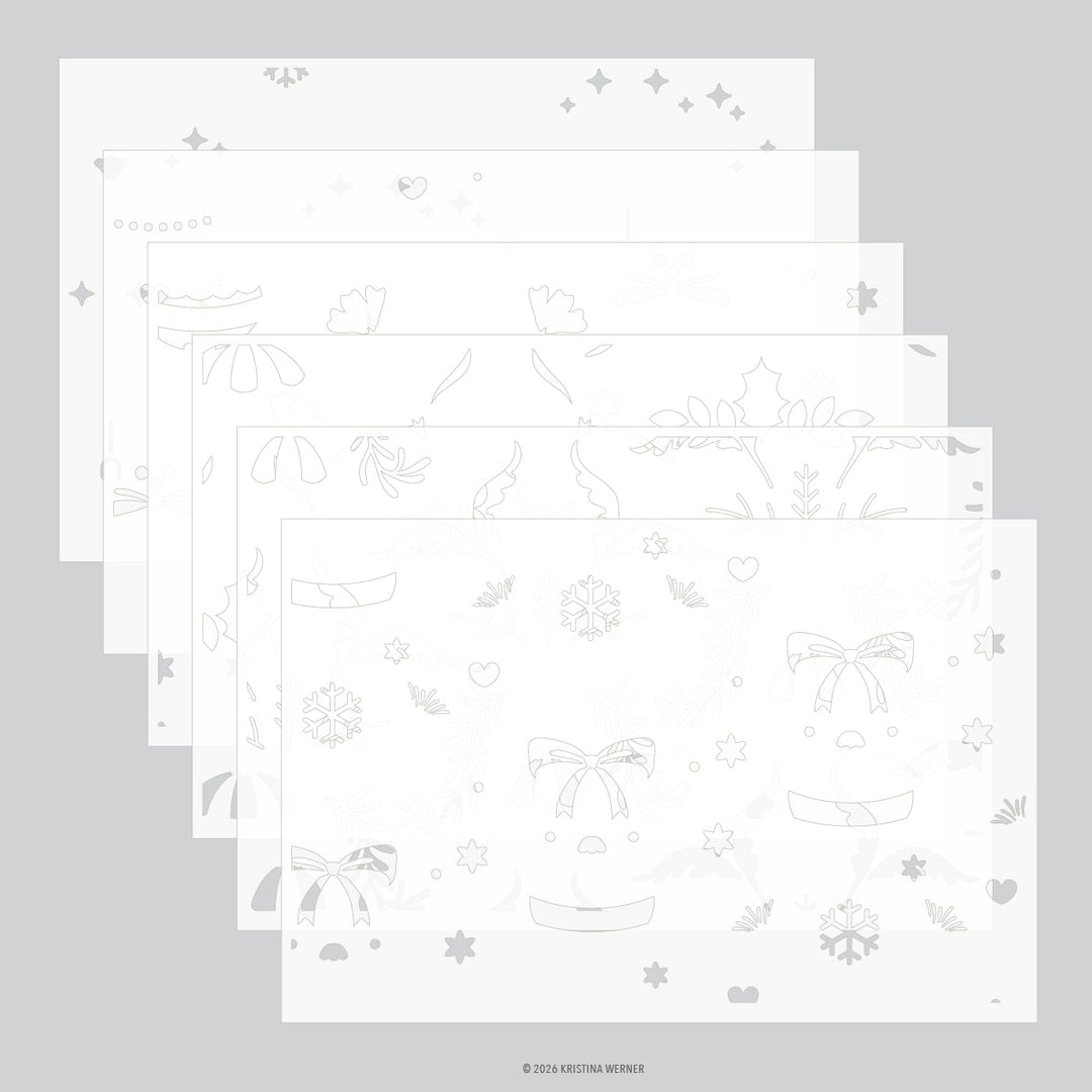 Concord & 9th Kristina Werner Ornamental Christmas Stencils — layered stencil sheets with snowflake, holly, bow, and ornament cutouts.