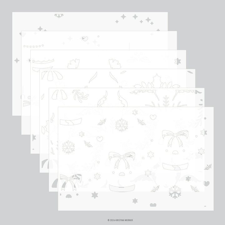 Concord & 9th Kristina Werner Ornamental Christmas Stencils — layered stencil sheets with snowflake, holly, bow, and ornament cutouts.