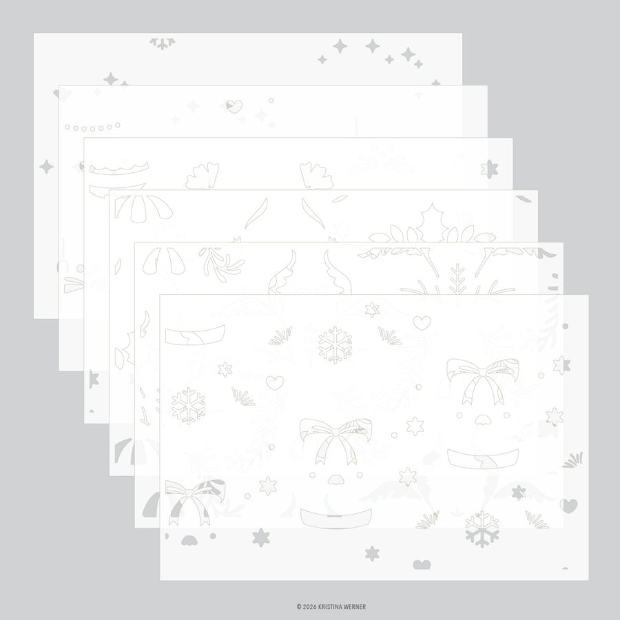 Concord & 9th Kristina Werner Ornamental Christmas Stencils — layered stencil sheets with snowflake, holly, bow, and ornament cutouts.