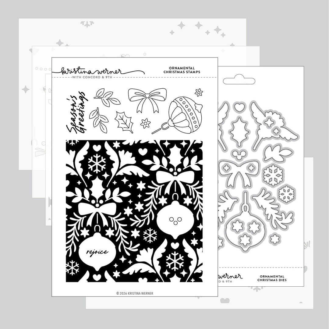 Concord & 9th Kristina Werner Ornamental Christmas Bundle — the damask-style ornament stamp set paired with its coordinating dies.