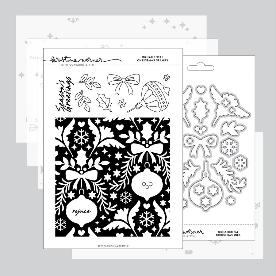 Concord & 9th Kristina Werner Ornamental Christmas Bundle — the damask-style ornament stamp set paired with its coordinating dies.
