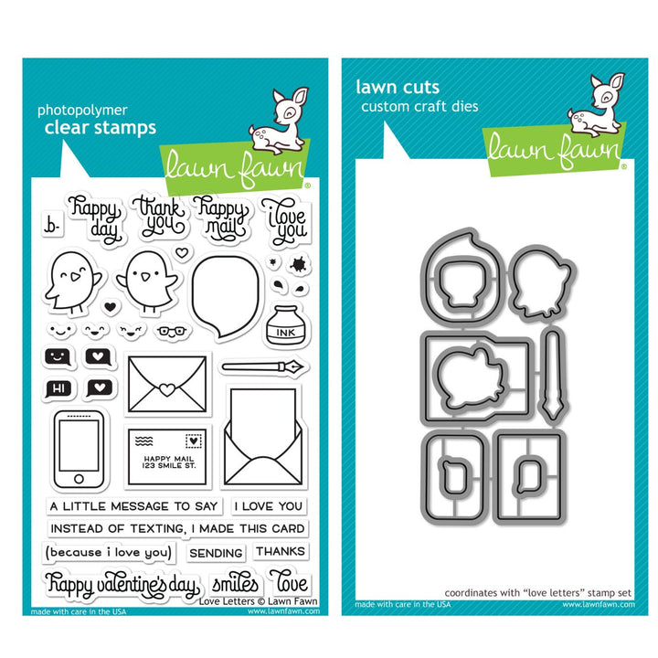 Lawn Fawn clear stamps and custom craft dies set in teal packaging cards, showing the stamp designs on the left and the metal die shapes on the right.