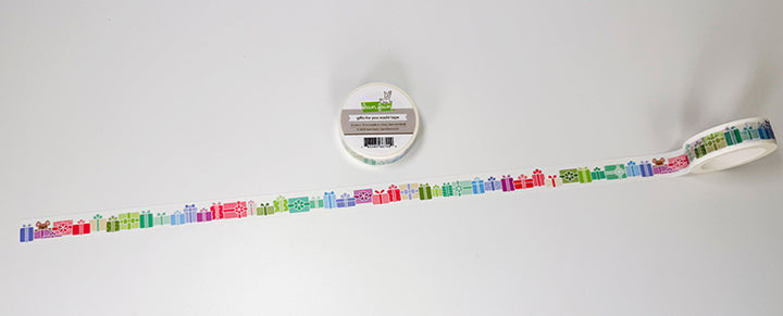 Lawn Fawn Gifts For You Washi Tape unrolled to show the colourful present pattern
