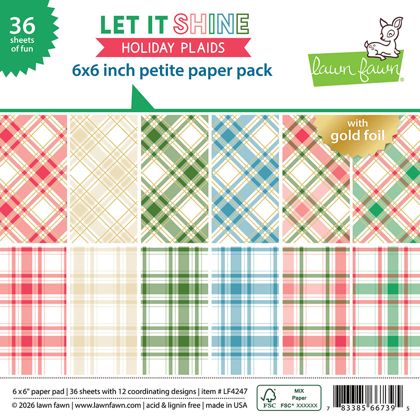 Lawn Fawn Let It Shine Holiday Plaids 6x6 Petite Paper Pack cover showing red, green, blue and cream plaids with gold foil