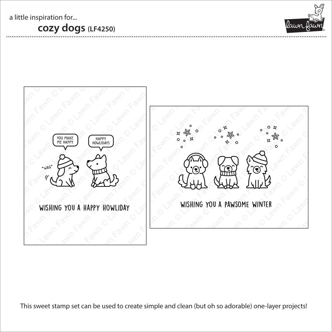 Lawn Fawn Cozy Dogs inspiration showing two simple one layer winter cards stamped with the puppies