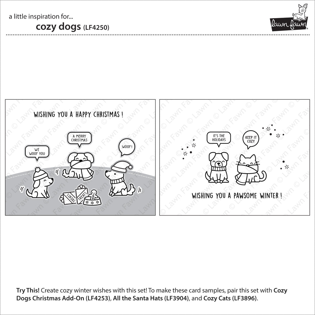 Lawn Fawn Cozy Dogs inspiration showing Christmas cards with puppies, presents and speech bubbles