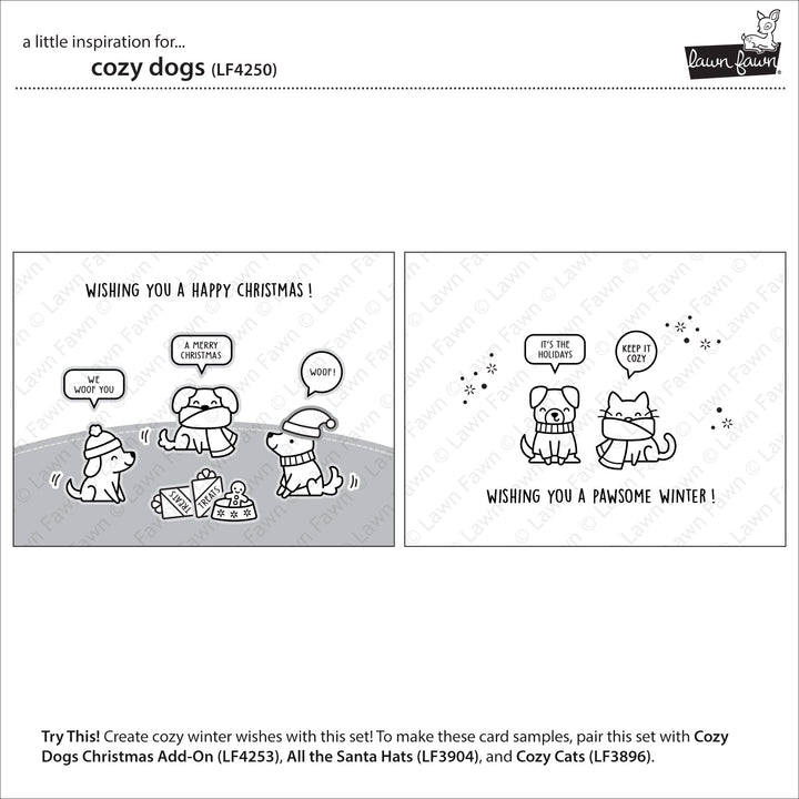 Lawn Fawn Cozy Dogs inspiration showing Christmas cards with puppies, presents and speech bubbles