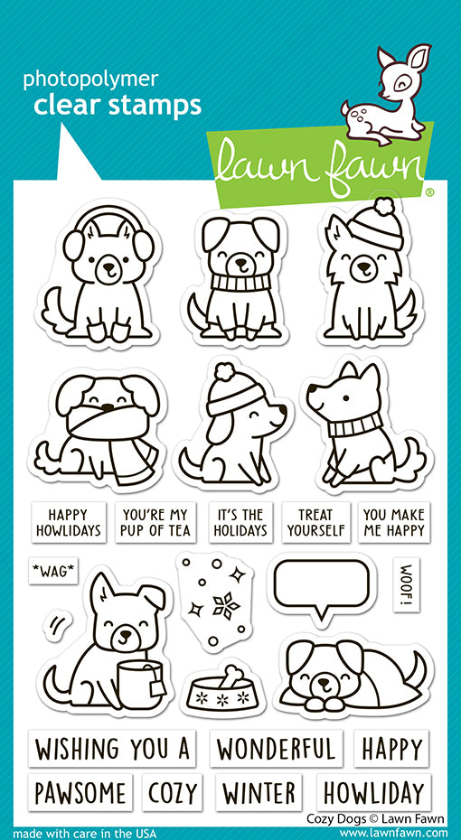 Lawn Fawn Cozy Dogs clear stamp set in packaging with puppies in beanies, earmuffs and scarves plus winter sentiments