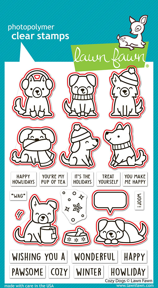 Lawn Fawn Cozy Dogs Lawn Cuts dies shown over the matching Cozy Dogs stamp images