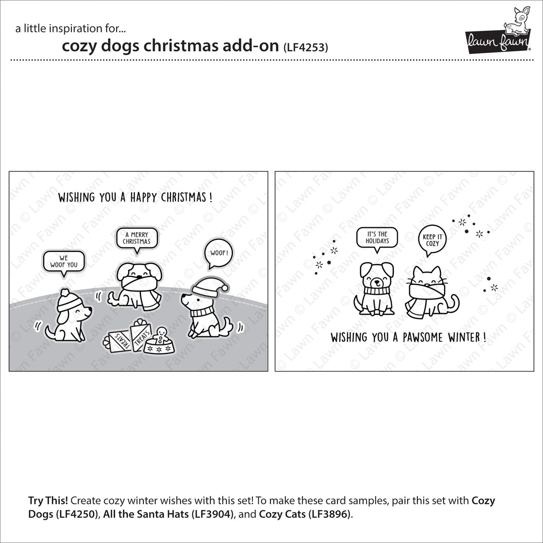 Lawn Fawn Cozy Dogs Christmas Add-On inspiration showing puppies with Christmas treats and sentiments