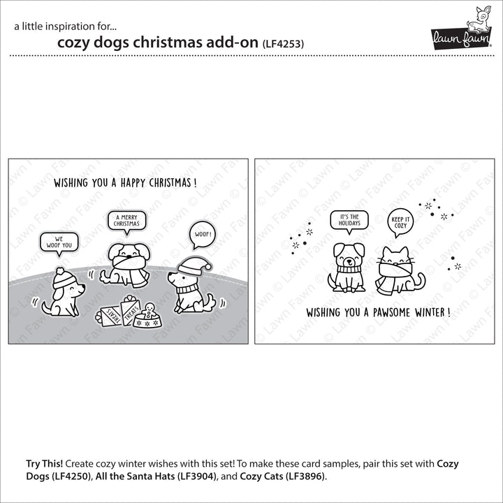 Lawn Fawn Cozy Dogs Christmas Add-On inspiration showing puppies with Christmas treats and sentiments