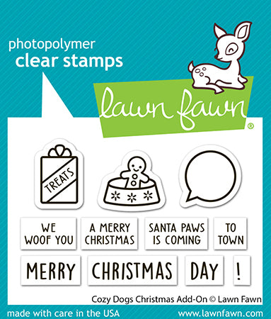 Lawn Fawn Cozy Dogs Christmas Add-On stamp set in packaging with a treat bag, gift, speech bubble and Merry Christmas sentiments