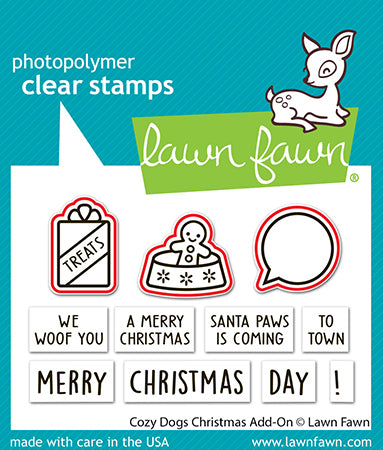Lawn Fawn Cozy Dogs Christmas Add-On Lawn Cuts dies shown over the matching stamp images