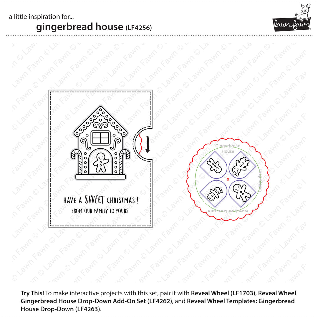 Lawn Fawn Gingerbread House inspiration showing a Have A Sweet Christmas card with a Reveal Wheel
