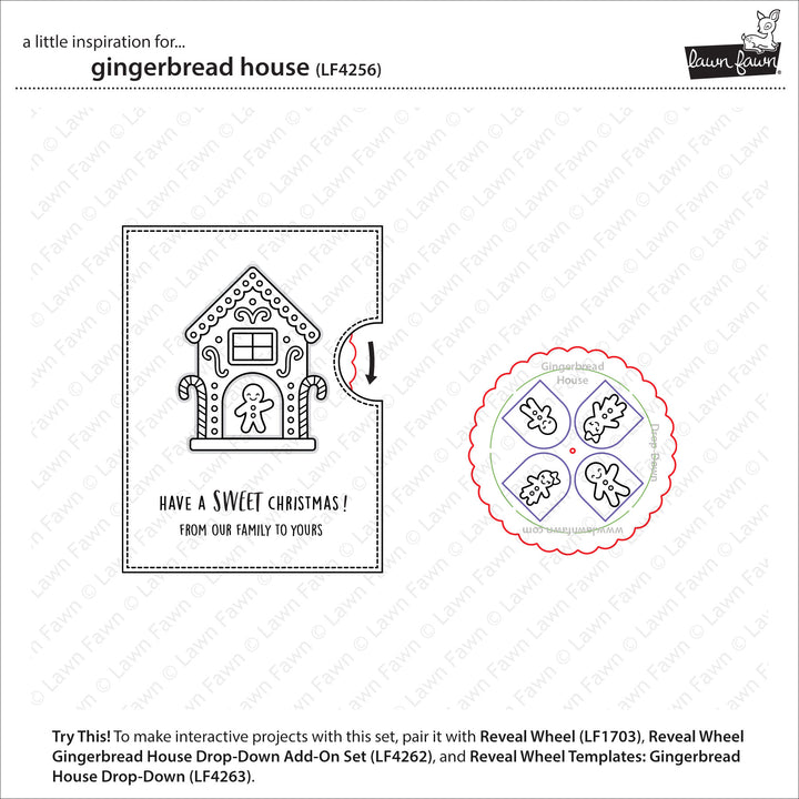 Lawn Fawn Gingerbread House inspiration showing a Have A Sweet Christmas card with a Reveal Wheel